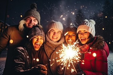 Group of friends celebrating new year's eve, New Year with sparklers