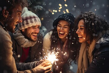 group of friends celebrating new year with sparklers
