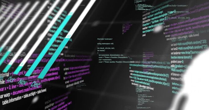Animation of graphs, computer language and rotating globe over black background
