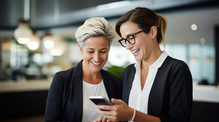 Obraz premium Two women in suits are actively discussing work while looking at a tablet and phone in the office