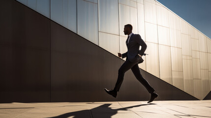 A man in a business suit walking up the stairs outside
