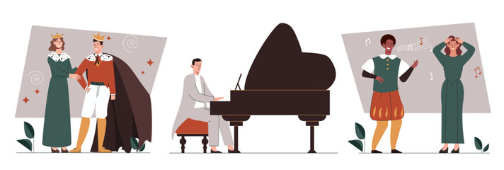 Theater actors set. Men and women playing scenes and roles, perform at stage. Creativity and art. Cultural rest and leisure. Cartoon flat vector collection isolated on white background