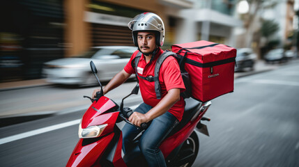 Delivery person in a red uniform and helmet, riding a red scooter and carrying an insulated delivery backpack, captured in motion on a city street.