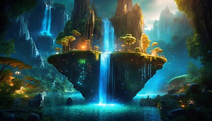 Floating Fantasy Island, With Waterfall And Green Grass.	
