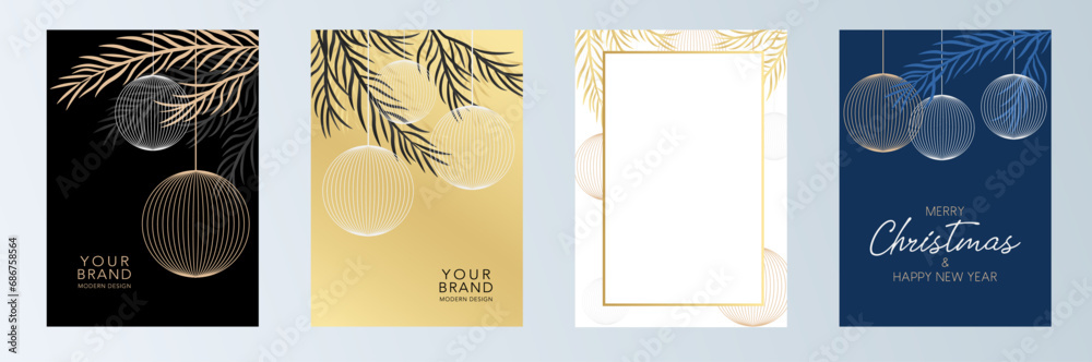 Poster christmas cover, frame design set. winter vector template with gold line pattern snowball in gold, b