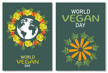 World vegan day posters set. Care about nature and environment. Stop cruelty againt animals. Refuse from meat of mammals. Cartoon flat vector collection isolated on white background