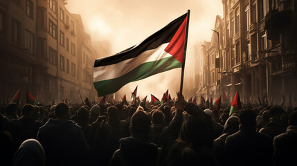 Crowd of unrecognizable people in a street march with the flag of Palestine. - obrazy, fototapety, plakaty