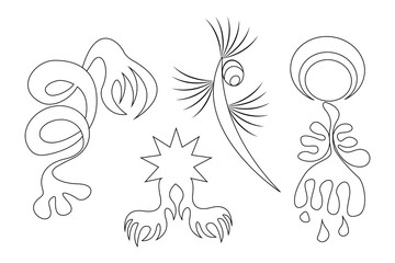 Set of fantastic plants highlighted on white background. Vector, black outline