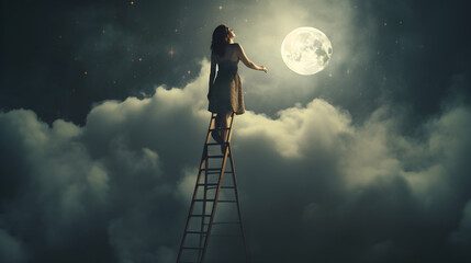 A woman climbing a ladder to the clouds trying to reach the moon. Achieving a goal, chasing a dream, reaching far, aiming high - obrazy, fototapety, plakaty