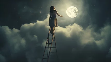 Foto op Plexiglas A woman climbing a ladder to the clouds trying to reach the moon. Achieving a goal, chasing a dream, reaching far, aiming high © Marcos