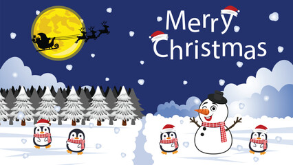 Fototapeta na wymiar Christmas cartoon cute penguins and snowman with Santa Claus and reindeer silhouettes on snow background. Funny birds in santa hats and scarves.