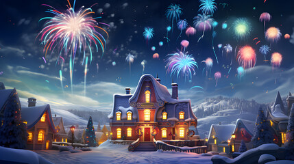 Christmas and New Year holidays background. Beautiful winter landscape with a Christmas tree, houses and fireworks. - obrazy, fototapety, plakaty