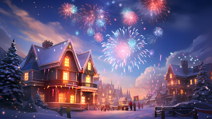 Christmas and New Year holidays background. Beautiful winter landscape with a Christmas tree, houses and fireworks.