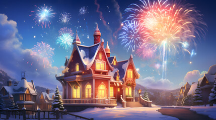 Christmas and New Year holidays background. Beautiful winter landscape with a Christmas tree, houses and fireworks.
