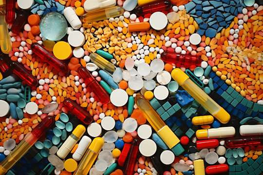 a large array of pills, capsules, and tablets, in the style of disintegrated, mosaic composition created with Generative Ai