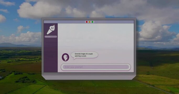 Animation of ai output results as per user input on laptop over green land against cloudy sky