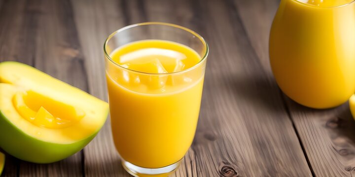 Mango Juice glass on the wooden table with bokeh lights background with copy space