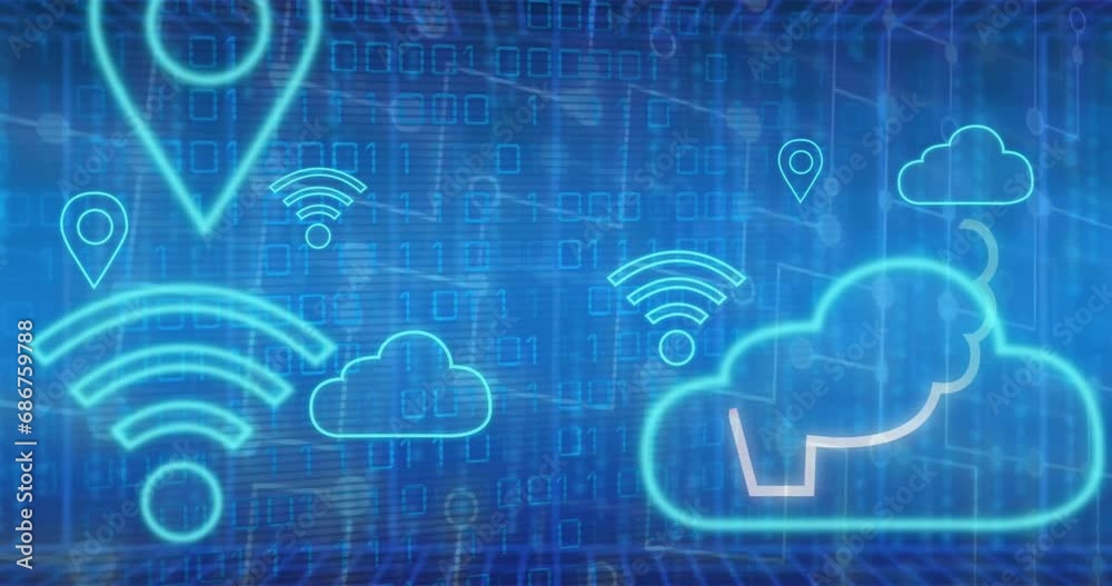 Poster animation of brain binary codes, clouds, wi fi, robot and speech bubbles against blue background