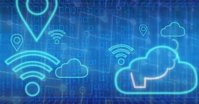 Animation of brain binary codes, clouds, wi fi, robot and speech bubbles against blue background