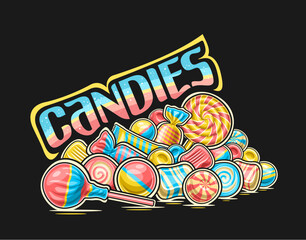 Vector Pile of Candies, outline illustration of colorful candy still life composition, sweet print with group of circle pink lolipops, wrapping bubblegums in blue striped foil package and text candies