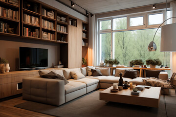 Fototapeta premium Inviting living room with comfy furniture, large window, and book-filled shelves, offering a cozy ambiance