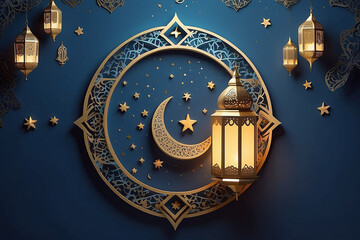 Elegant Ramadan background with a crescent moon, stars, and a lantern on a blue backdrop with intricate Islamic patterns.