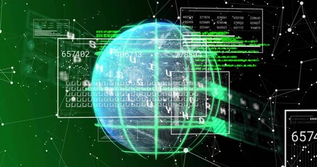 Animation of changing numbers, graphs, loading bars and connected dots over globe