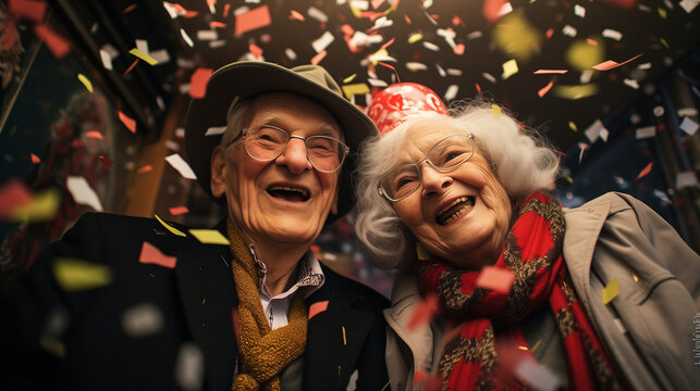 Group of old people having fun and enjoying New Year night together celebrating with sparklers and funny accessories - happy lifestyle. Elderly people lifestyle and holidays concept. Generative AI.	
