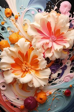 A vibrant floral arrangement with orange and white flowers in a fluid art style creates a sense of depth and texture