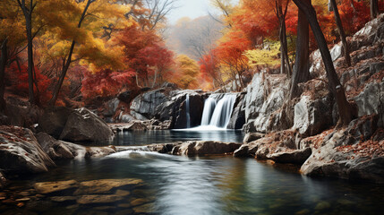 Waterfall Surrounded by Autumn Colors Background