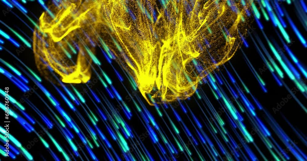 Poster animation of dynamic wave pattern and lines moving in circular motion against black background