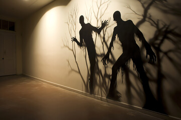 Scary shadows on the Wall. Nightmare silhouettes. - obrazy, fototapety, plakaty