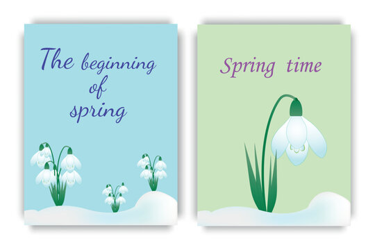 Poster with snowdrops, describes the beginning of spring, warmth and sun. Vector illustration.