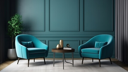 Interior with blue armchairs and set of two coffee tables in modern living room. Generative Ai