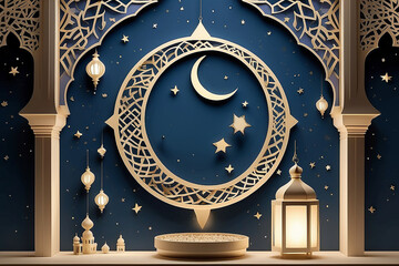 Elegant Ramadan-themed backdrop with crescent moon, stars, and lantern, ideal for festive greetings and spiritual designs.