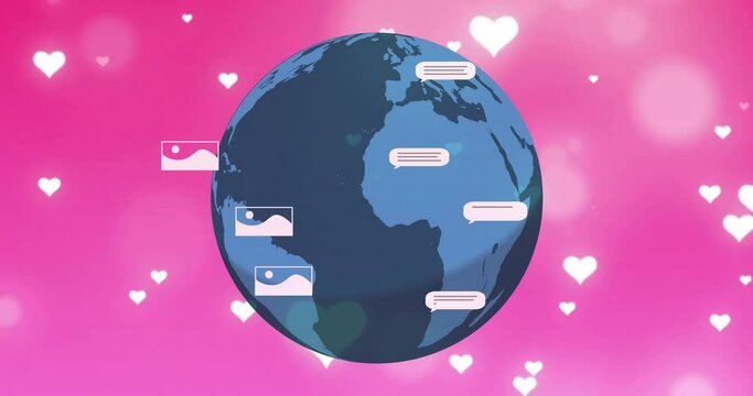 Animation of message boxes, pictures and falling heart shape with globe over pink background