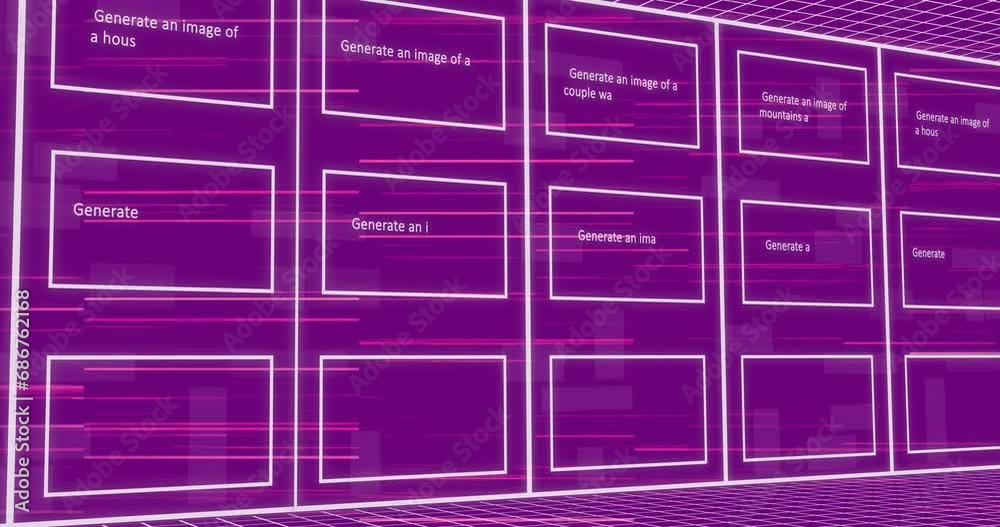 Poster animation of texts and pictures in rectangle with falling binary codes over purple background