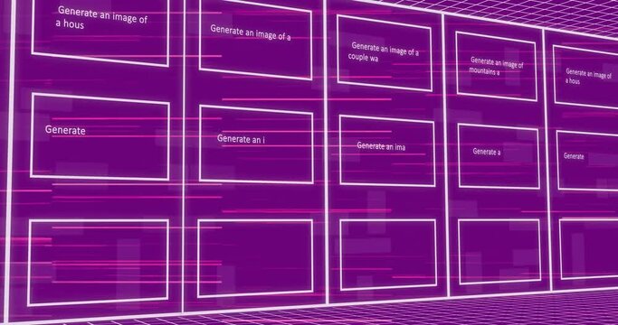 Animation of texts and pictures in rectangle with falling binary codes over purple background