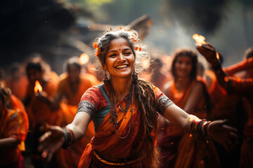 A joyful woman dancing in a traditional Indian festival with a happy crowd and vibrant colors all around.
