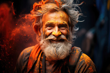 Portrait of an elderly man celebrating the Holi festival with vibrant orange powder colors on his face and beard, exuding joy and tradition.