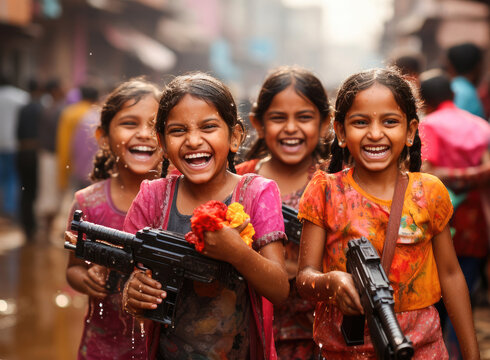 Group of joyful children playing with water guns during Holi festival on a street in India, covered in vibrant colors.