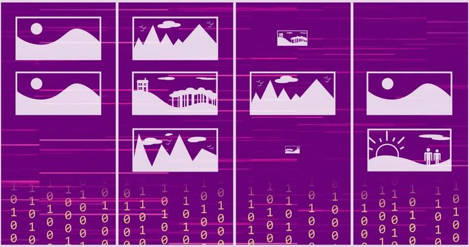Animation of digital pictures and falling binary codes with lines over purple background