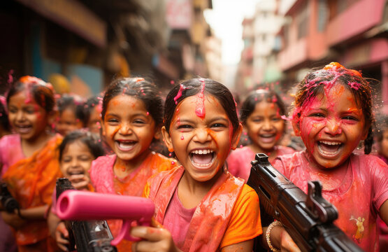 Joyful children covered in colorful powder celebrating the Holi festival on a lively street in India.