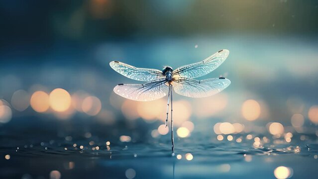 Closeup of a dragonfly hovering above the waters surface, its iridescent wings catching the moons radiance.
