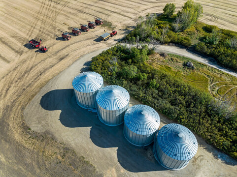 Aerial view of large metal grain bins in a cut field along a row of trees with a row of combines, near Beiseker, Alberta; Alberta, Canada