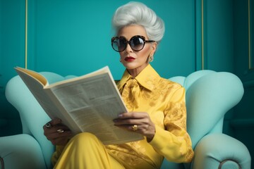 elegant stylish old women wearing yellow clothes and black sunglasses, is sitting on her blue sofa and reading newspaper. Generative AI