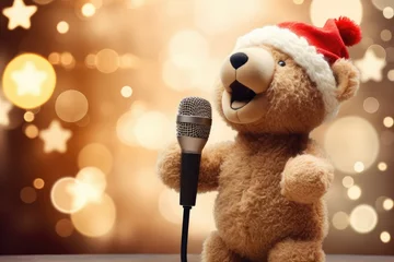 Fotobehang Cute, realistic plush bear with microphone, on christmas background and christmas lights. © BetterPhoto