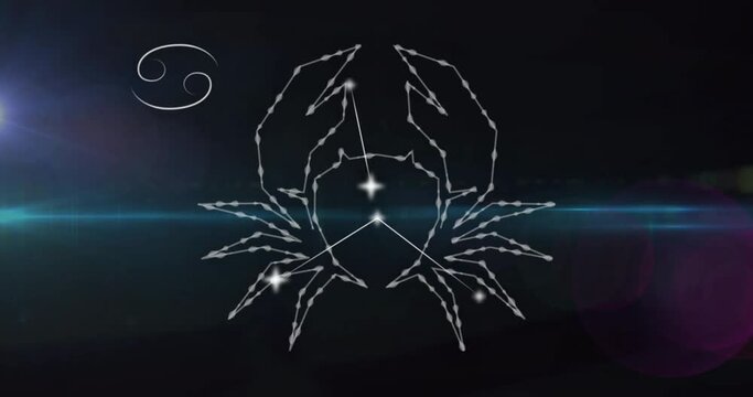 Animation of connected dots forming cancer symbol and moving lens flare against black background