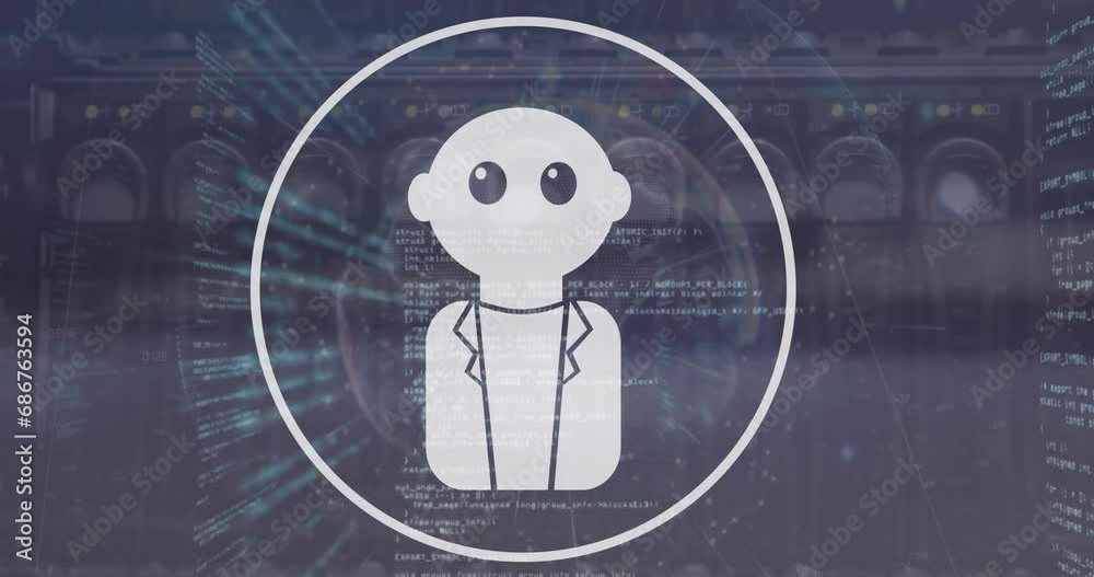 Poster animation of robot icon in circle with computer language over cables