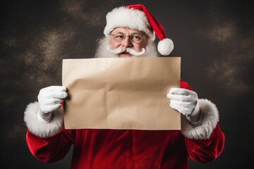Naklejka premium Santa holding an empty paper in his hands with copy space